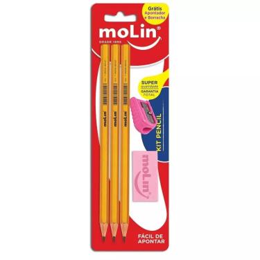 Imagem de Kit Escolar Pencil Rose Molin — 3 Lápis HB, Apontador e Borracha (INMETRO)