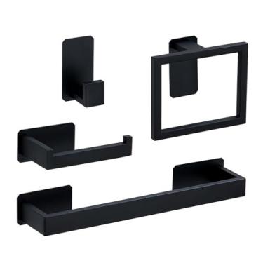 Imagem de Kit de ferragens para banheiro autoadesivo preto, suporte para papel higiênico de aço inoxidável, gancho para barra de toalha, acessórios para banheiro, conjunto de 4 peças b