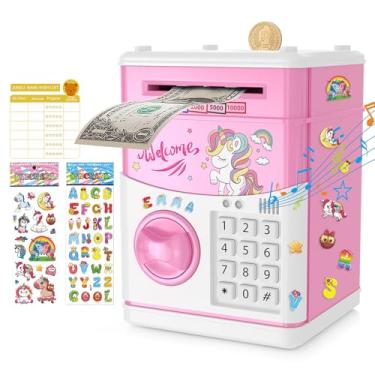 Imagem de Cofrinho eletrônico para meninas e meninos, cofrinho com senha, linda lata de moeda, caixa de papel de rolagem automática, melhor presente de brinquedo para crianças