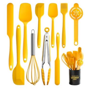 Imagem de Conjunto de 11 espátulas de silicone com suporte de ferro para assar, cozinhar e misturar, espátulas de cozinha antiaderentes, sem costura e flexível, pode ser lavado na lava-louças (amarelo)