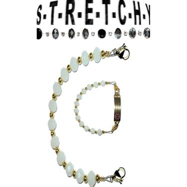Imagem de Hidden Hollow Beads Pulseira feminina de substituição intercambiável com contas douradas e brancas elásticas de 16,5 ou 14 cm de comprimento para identificação de alerta médico, etiqueta de