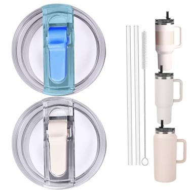 Imagem de Tampa flip de copo à prova de vazamento de 2 peças com canudo - Apto para Stanley ProTour Quencher e Quencher H2.0 copo de 1,134 g, 1,8 g (creme-A e azul, 1,134 g e 1,814 g)