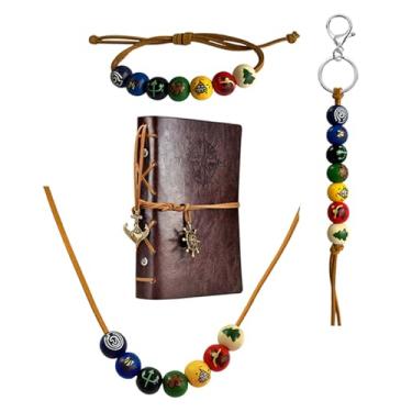 Imagem de XHBTS Conjunto de 4 pulseiras de meio-sangue para acampamento chaveiro e caderno e cordão de couro sintético marrom colorido pintado contas de madeira semideus colar olímpico, one size, Madeira, Sem