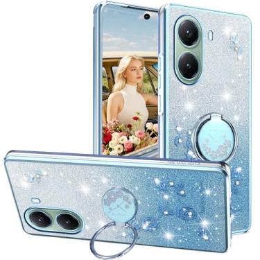 Imagem de Ephoou Capa para Xiaomi Poco X7 Pro com suporte de anel, flores brilhantes brilhantes com design floral de glitter TPU transparente macio para Xiaomi Poco X7 Pro HSF-azul