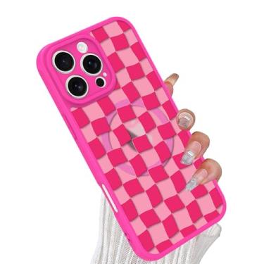 Imagem de tharlet Capa magnética para iPhone 16 Pro com grades rosa choque quadriculado xadrez [compatível com MagSafe] Proteção de lente de câmera fosca translúcida fina para iPhone 16 Pro, rosa choque (6,3