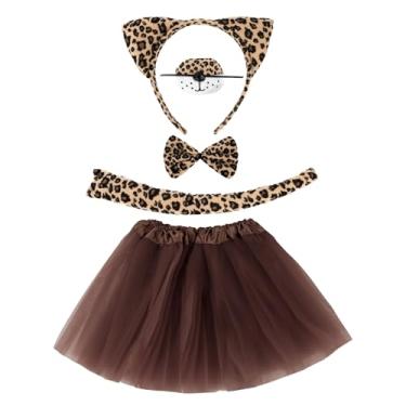 Imagem de CIEHER Conjunto de fantasia de gato com estampa de leopardo - tiara de orelhas de gato, laço de nariz, cauda e saia de tule para Halloween/aniversário/festa cosplay