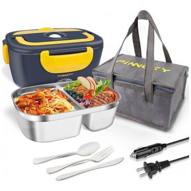 Imagem de Marmita Elétrica Portátil 1,5L em Recipiente Aço Inoxidável com Garfo, Colher e Bolsa para Transporte, 12V 110V 60W, LETAAKA, Azul e Amarelo