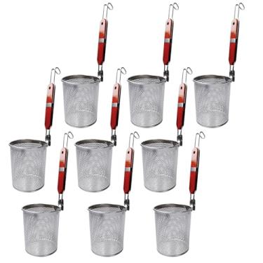 Imagem de TANEMUDO 9 peças de cesta de aço inoxidável para cozinhar macarrão com cabo de madeira 13 cm cesta de branqueamento de macarrão marrom vermelho malha aranha escorredor para cozinha bolinho de massa