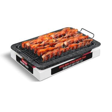 Imagem de Bandeja de bacon – Conjunto de 2 peças – Revestimento de mármore – Bandeja de cozinha antiaderente durável para bacon – Bandeja de pedra preta e rack de aço carbono