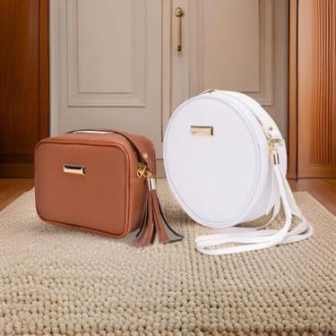 Imagem de Kit 2 Bolsas Femininas Casual Caramelo Quadrada e Casual Branco Redond
