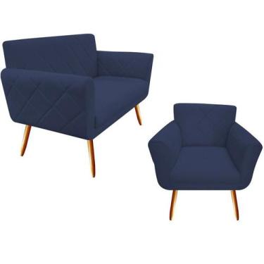 Imagem de Kit Namoradeira + 1 Poltrona Decorativa Sabrina Suede Azul Marinho Pés