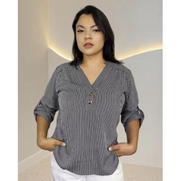 Imagem de Blusa Camisa Social Listrada Feminina Botão Viscolinho Clara - Dama K 