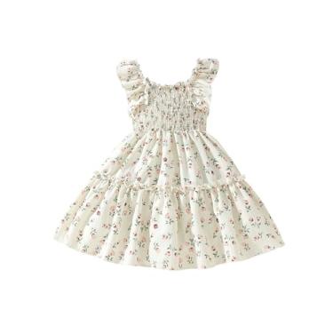 Imagem de Floerns Toddler Girl's Floral Ruffle Trim Smocked Dress Sleeveless Short Flare Dresses with Hat Beige Multi 7Y