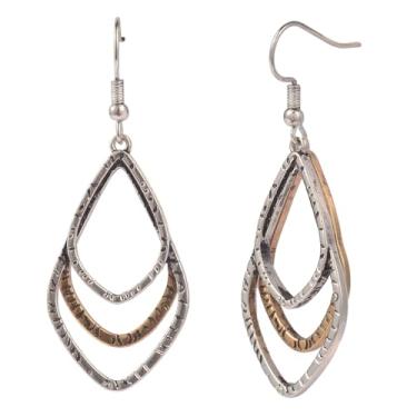 Imagem de Brincos femininos de dois tons de ouro e prata de metal misto pendurados boho martelado geométrico pendurado, brincos de lustre, acessórios de joias