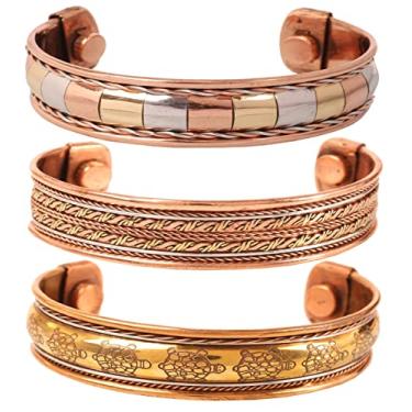 Imagem de INDTRESOR Pulseira magnética de cobre estilo tibetano. Forjada à mão com tartaruga celta sólida e de alto calibre cobre puro. Conjunto de 3 designs diferentes em 3 metais.
