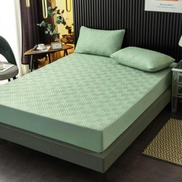 Imagem de Capa de colchão acolchoada de cor sólida, protetor de colchão, macio, respirável, proteção de cama, lavável na máquina, verde | Individual: 89 x 200 cm (3 peças)