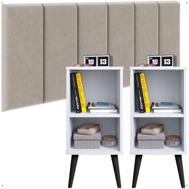 Imagem de Kit Quarto 2 Mesinhas Charme Branco Nicho Prateleira Cabeceira Suspensa Julia Bege Suede 1,40 Cama Casal Box - Lojas rpm
