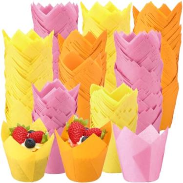 Imagem de Yaomiao 600 peças de forros de tulipa para cupcake, papel à prova de graxa, forros de muffin, copos de panificação, suportes para casamentos, aniversários, banquetes, festas de Natal (rosa, amarelo