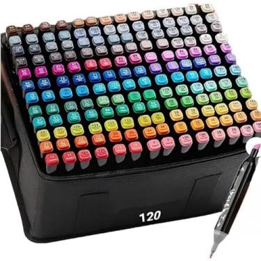 Imagem de Canetinha Ponta Dupla para Colorir Kit Estojo de Canetas Escolar Marcador Coloridas Permanente Duas Pontas (120 Cores)