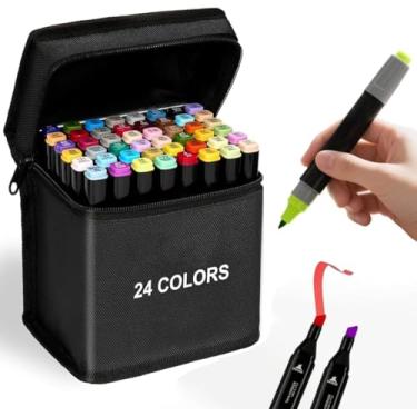 Imagem de Canetinha Ponta Dupla para Colorir Kit Estojo de Canetas Escolar Marcador Coloridas Permanente Duas Pontas (24 Cores) Com Estojo.