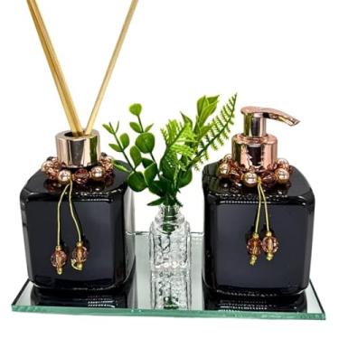 Imagem de Kit Lavabo Plástico LUXO Cubo PRETO Saboneteira e Difusor com Bandeja (ROSE)
