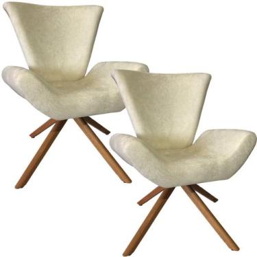 Imagem de Kit Duas Poltronas Elegance Base Giratória Ferro e Madeira Sued Bege -