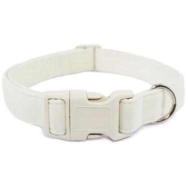 Imagem de Coleira para cães de cânhamo de algodão ajustável, coleira branca de tecido natural macio com liberação rápida, lindo colar de cachorro de casamento para cães pequenos, médios e grandes, branco-M