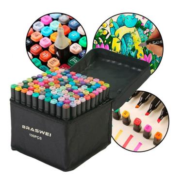 Imagem de Kit com 100 Canetinhas Ponta Dupla, Tinta à Base de Água, Secagem Rápida, Estojo Resistente, Ideal para Lettering, Ilustração e Design Profissional