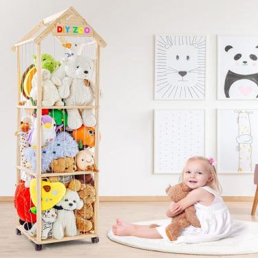 Imagem de Suporte de brinquedos VTSHENY Wood Zoo para armazenamento de animais de pelúcia com rodas