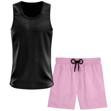 Imagem de Kit Short Praia Academia Passeio Treino Rosa + Regata Masculina Lisa Básica Dry-Masculino