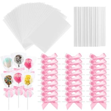 Imagem de Cunhill Conjunto de 300 peças de saco de petisco para bolo pirulito, incluindo 100 pacotes, 100 palitos de picolé, 100 laços torcidos para fazer pirulitos, bolos, doces, chocolates e biscoitos (rosa)