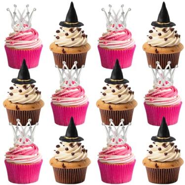 Imagem de 12 Pcs Witch Hat and Crown Cupcake Toppers Witch Theme Party Wicked Birthday Decorations Mini Wizard Hats Silver Crown Cake Topper Decor Princess Cake Accessories for Birthday Party Supplies Crafts