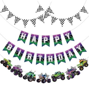 Imagem de Pasimy 4 Pcs Monster Truck Birthday Banner Cars Truck Garland Black and White Checkered Flags Pennants Green Purple Happy Birthday Bunting Racing Car Theme Party Decorations Supplies