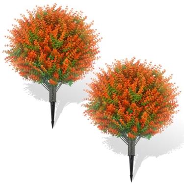 Imagem de Hecaty Árvores de bola de topiária de buxo artificial de 65 cm: pacote com 2 arbustos falsos com espiga – resistente a UV e sempre-verde, flores de plantas falsas para decoração de outono e dia de