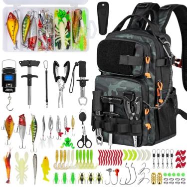 Imagem de THKFISH 87 unidades de mochila de pesca com caixas de equipamento, bolsa resistente à água com suporte de haste, kit de iscas de pesca e conjunto de alicates para homens e mulheres (camuflagem preta
