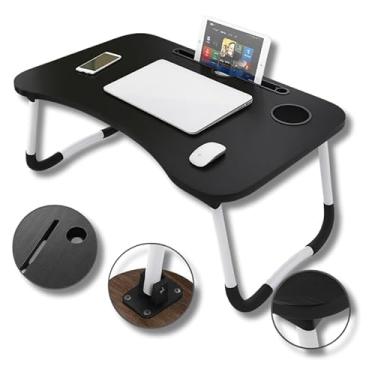 Imagem de Mesa Dobrável Portátil Para Notebook | Com Suporte Para Celular e Porta-Copos | Ideal Para Cama, Sofá e Escritório (Preta)