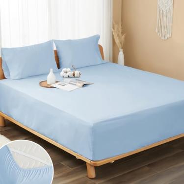Imagem de HOMTEC Lençol de elástico 100% algodão percal, lençol com elástico profundo de 20 a 38 cm, respirável, macio e nítido, apenas com 4 alças nos cantos (casal, azul claro)