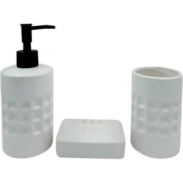 Imagem de Kit Banheiro 3 Peças em Porcelana Premium – Dispenser, Saboneteira e Porta Escovas | Design Moderno, Elegante e Funcional para Organização e Decoração (Branco)
