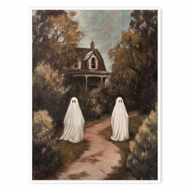 Imagem de Tela vintage Ghosts on Country Path – Impressão de arte de parede fantasma gêmeo assustador em paisagem rústica, pintura temperamental de Halloween para decoração de quarto ou banheiro 30,5 x 40,6 cm