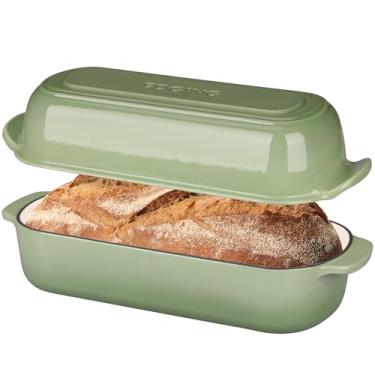 Imagem de EDGING CASTING Forma de pão de ferro fundido esmaltado com tampa, forma de pão de forno holandês para assar pão de fermento caseiro, 32 x 14 cm, 5 qt, verde pistache