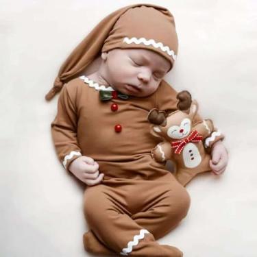 Imagem de Lgvhydh Adereços de fotografia de Natal, recém-nascidos, roupas de crochê, Papai Noel, chapéu vermelho, calças, adereços para sessão de fotos, fantasia (Cáqui)