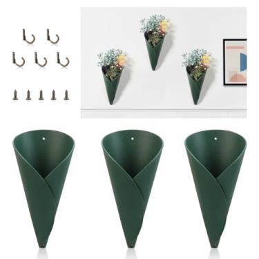 Imagem de Pacote com 3 vasos de parede de couro PU verde suporte de parede com 5 ganchos para flores secas decoração moderna casa de fazenda cozinha sala de estar quarto (sem flores)