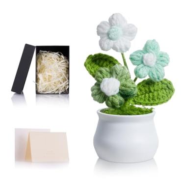 Imagem de ZHIYUXI Flores verdes de crochê artificial amarelo bufante eterno decoração de mesa presentes para mulheres puffs feitos à mão flor de malha para painel de carro, decoração de escritório em casa