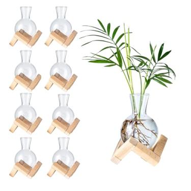 Imagem de wangsdjy Estações de propagação, vasos de propagação com suporte de madeira, pequenos vasos de vidro de mesa para estação de propagação de plantas hidropônicas, decoração de escritório em casa