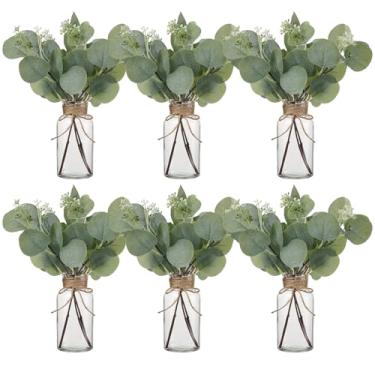 Imagem de Pacote com 6 vasos de vidro vintage com hastes artificiais de eucalipto – garrafas transparentes com plantas falsas para centros de mesa de casamento, decoração de mesa rústica para casa de banho