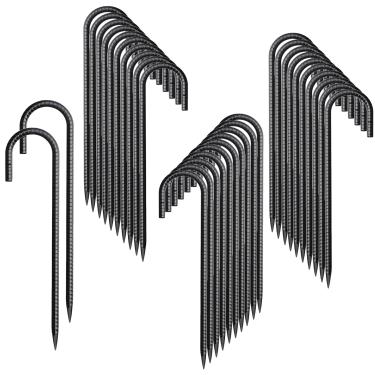 Imagem de Estacas de vergalhão de 30,5 cm, pacote com 32 pontas, gancho de metal resistente, estacas de cerca para trampolim, cerca, barraca de acampamento (32, J-12 x 5/16 preto)