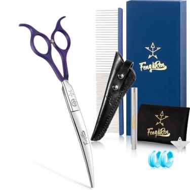 Imagem de Fengliren Tesoura curvada profissional de alta qualidade para cuidados com cães de 18 cm, extremamente afiada, feita de liga de aço inoxidável à mão para tosador de cães e gatos