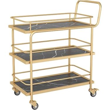 Imagem de Carrinho De Bebidas Gold Bar Cart On Wheels 3-tier Serving Bar Trolley Com Rodízios Trancáveis Cozinha Sala De Estar Carrinho De Armazenamento Multiuso Material De Madeira & Metal, White