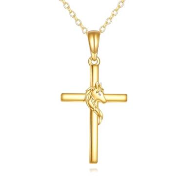 Imagem de DOVRAN Colar de ouro 14K com cruz de cavalo para mulheres, pingente de cruz, joia de cavalo de ouro maciço, presente para ela