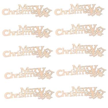 Imagem de Amosfun 20 peças de recortes de letras de madeira de Natal "Merry Christmas" Palavras Fatias DIY Artesanato Placa de Madeira para Porta Janela Festa de Natal